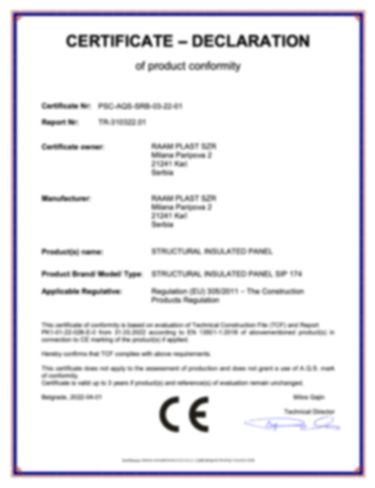 CE classificatie betreffende de grondstoffen van onze SIP-panelen.